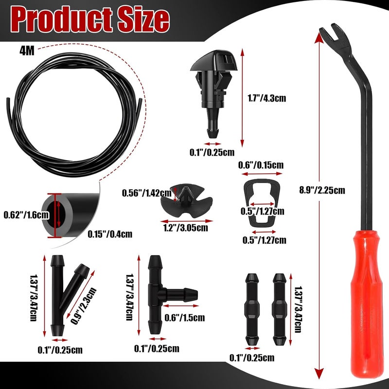 BubabyZZ Windshield Washer Nozzles Kit, Windshield Washer Hose Kit with 4M Washer Fluid Hose, 4pcs Sprayer Nozzles & Gasket, 12pcs Connectors, 30 pcs Hood Retainers and 1 Tool Suitable for Most Car - Image 2